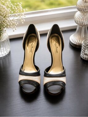 Anne Michelle Two-Tone Open-Toe D'Orsay Heels in Black and Cream